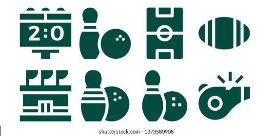 score icon set. 8 filled score icons.  Collection Of - Stadium, Scoreboard, Bowling, Football field, Referee, Rugby