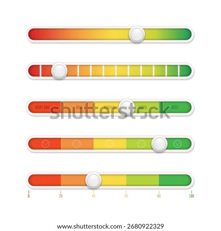 Score meter levels from good to bad. Risk measurement scale. Customer satisfaction indicator. Quality or credit history indicator. Vector illustration