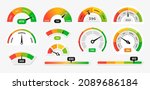 Score meter. Speedometer gauge indicator. Energy efficiency and consumer satisfaction rate measure UI. Indication lines. Dial with arrows and scale. Vector effectiveness graphs set