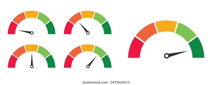 Score meter. Speedometer gauge indicator. Energy efficiency and consumer satisfaction rate measure UI. Indication lines. Dial with arrows and scale. Vector effectiveness graphs set