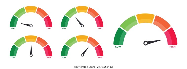 Score meter. Speedometer gauge indicator. Energy efficiency and consumer satisfaction rate measure UI. Indication lines. Dial with arrows and scale. Vector effectiveness graphs set