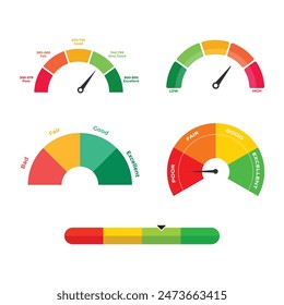 Score meter. Speedometer gauge indicator. Energy efficiency and consumer satisfaction rate measure UI. Indication lines. Dial with arrows and scale. Vector effectiveness graphs set