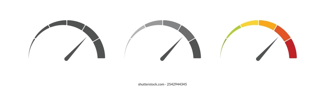 Score meter. Speedometer gauge indicator. Energy efficiency and consumer satisfaction rate measure UI. Indication lines. Dial with arrows and scale. Vector effectiveness graphs set