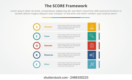 score model infographic concept for slide presentation with rectangle box stack with outline circle badge with 5 point list with flat style vector