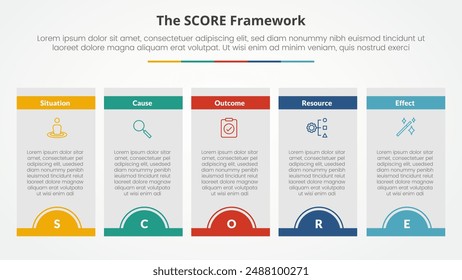 concepto infográfico del modelo de la puntuación para la presentación de la diapositiva con la cabecera de la insignia de la mitad del círculo de la tabla de la caja con la lista de 5 puntos con el Vector de estilo plano