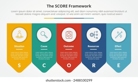 concepto infográfico del modelo de la puntuación para la presentación de la diapositiva con la insignia simétrica de la flecha Horizontal con la lista de 5 puntos con el Vector del estilo plano