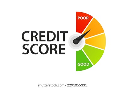 Сredit score scale showing good value. Speedometer with numbers. Colorful assessments of financial history credit score meter. Flat style. Vector illustration