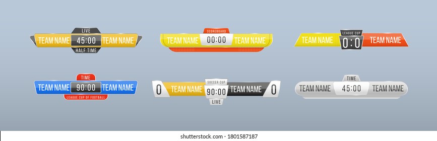 Scoreboard broadcast graphic and lower thirds template for sport soccer, football. Broadcast score banner. Sport scoreboard with time and result display. Vector illustration, eps 10.