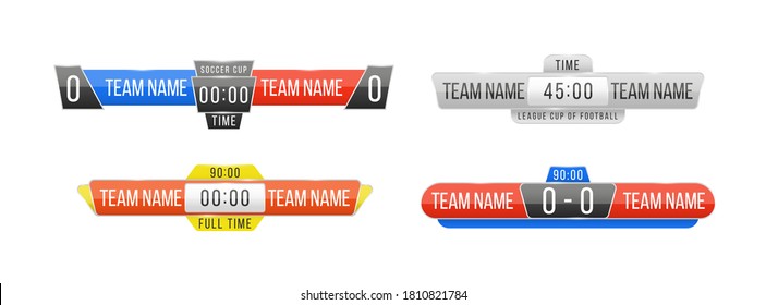 Scoreboard broadcast graphic and lower thirds template for sport soccer, football. Broadcast score banner. Sport scoreboard with time and result display. Vector illustration, eps 10.