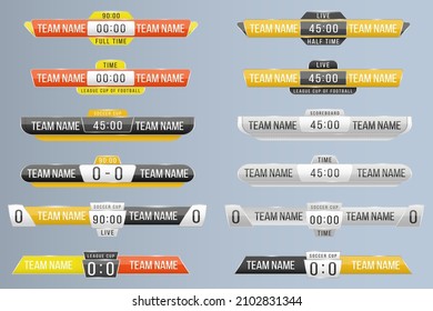 Scoreboard broadcast graphic and lower thirds template for sport soccer, football, basketball, futsal. Art design lower thirds template. Sport score board with time and result display. Vector.