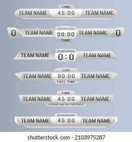 Scoreboard broadcast graphic and lower thirds template for sport soccer, football, basketball, futsal. Sport score board with time and result display. Art design lower thirds template. Vector.