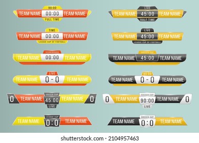 Scoreboard broadcast graphic and lower thirds template for sport soccer, football, basketball, futsal. Sport score board with time and result display. Art design lower thirds template. Vector.