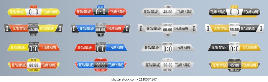 Scoreboard broadcast graphic and lower thirds template for sport soccer, football, basketball, futsal. Sport score board with time and result display. Art design lower thirds template. Vector.