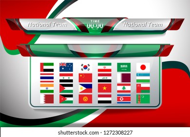 Scoreboard Broadcast and Lower Thirds Template for Asian soccer tournament championship with national flag of asia, Vector Illustration