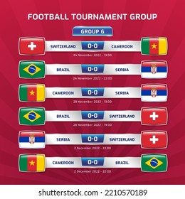 Scoreboard broadcast sport soccer and football championship tournament 2022 in qatar GROUP G brazil serbia switzerland cameroon vector illustration 