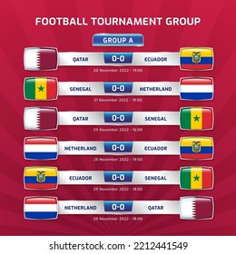 Scoreboard broadcast sport soccer and football championship tournament 2022 in qatar GROUP A qatar ecuador senegal netherlands vector illustration