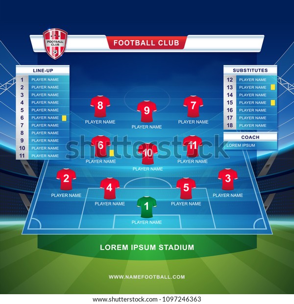 scoreboard broadcast starting line up
template for sport soccer and football league or world championship
tournament and stadium background vector
illustration