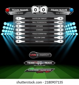 Scoreboard-Broadcast-Statistik für Fußball-Liga-Weltturnier mit hellem Hintergrund