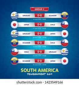 Cuadro de indicadores para el campeonato deportivo de fútbol sudamericano 2019, grupo C y ilustración vectorial del campeonato de fútbol