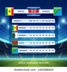 Scoreboard broadcast template for sport soccer africa tournament 2019 Group C and football championship in egypt vector illustration