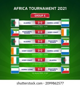 Scoreboard broadcast template for sport soccer africa tournament 2021 Group E and football championship in cameroon vector illustration