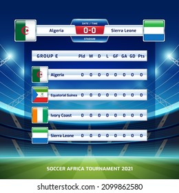 Scoreboard broadcast template for sport soccer africa tournament 2021 Group E and football championship in cameroon vector illustration