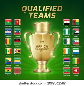 Scoreboard broadcast template for sport soccer africa tournament 2021 round qualified teams and football championship in cameroon vector illustration