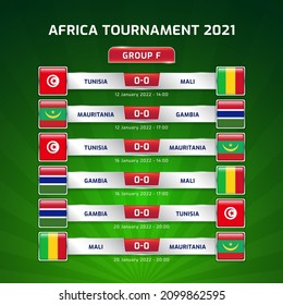 Scoreboard broadcast template for sport soccer africa tournament 2021 Group F and football championship in cameroon vector illustration