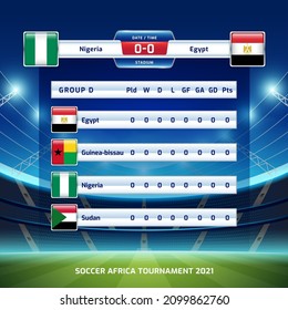 Scoreboard broadcast template for sport soccer africa tournament 2021 Group D and football championship in cameroon vector illustration