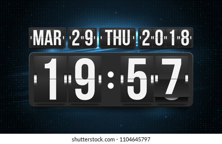 Scoreboard calendar with time and date. Mechanical scoreboard with flip symbols. Vector template for your design.