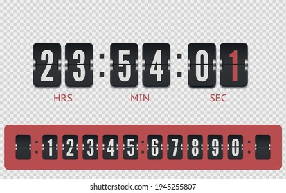 Scoreboard countdown number font with shadows isolated on transparent background. Vintage flip clock time counter vector template. Retro design score board clock template.
