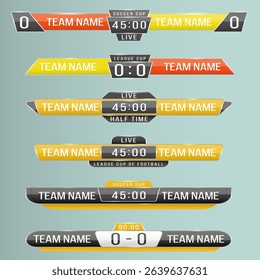 Scoreboard design with soccer field layout chart template striped texture ball match sign player spotlight win vector recreation white ground game background flag elements competition