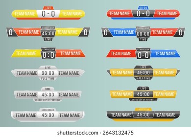 Scoreboard design with soccer field layout chart template striped texture ball match sign player spotlight win vector recreation white ground game background flag elements competition