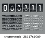 Scoreboard flip animation. Countdown number, clock counter timer airport digital score board date analog calendar mechanical flap year panel retro count garish vector illustration