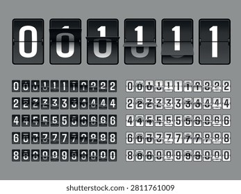 Scoreboard flip animation. Countdown number, clock counter timer airport digital score board date analog calendar mechanical flap year panel retro count garish vector illustration