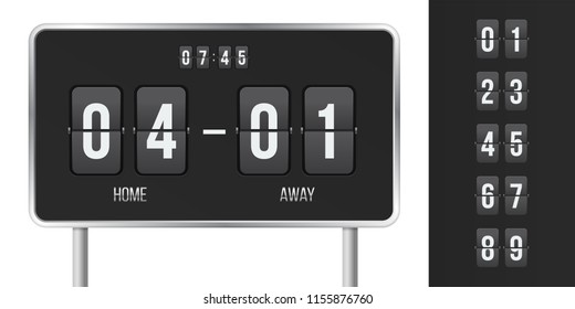 Scoreboard flip countdown with time and match scores. Vector home and away guest sport team flip board display with numbers