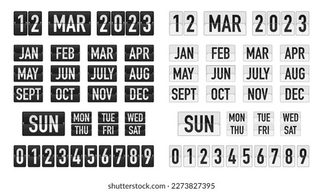 Tipo de letra giratoria del marcador. Marcador mecánico vectorial realista con meses, números, día de semanas en el panel. Temporizador de cuenta regresiva para las señales de llegada y salida del aeropuerto, web, estación de tren, contador de fechas.