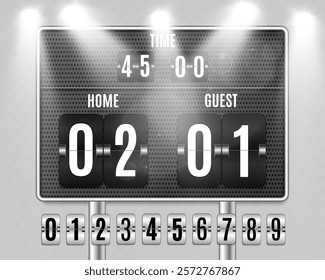 Scoreboard with flip numbers displaying time, score, and countdown in a modern metallic style. Includes numbers from 0 to 9 in flipping format.