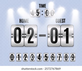 Scoreboard with flip numbers displaying time, score, and countdown in a modern metallic style. Includes numbers from 0 to 9 in flipping format.