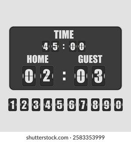 Scoreboard with flip numbers displaying time, score, and countdown in a modern metallic style. Includes numbers from 0 to 9 in flipping format. Vector