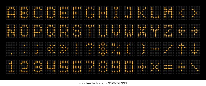 Scoreboard font, LED board alphabet or airport display type letters, vector digital panel. Scoreboard font with numbers of electric led dots, score board or electronic timetable type with lamp svg