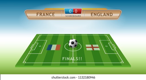 Scoreboard football league, France vs England at Finals round. Soccer Field stadium at perspective view.