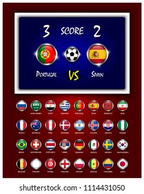 Scoreboard of football match and circle design national flags with metal frame on blue and red color gradient background . Vector for international world tournament cup 2018 .