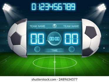 Scoreboard at a football soccer stadium. Template with a set of numbers. Vector stock illustration.