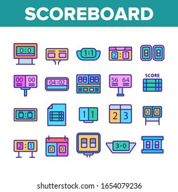 Scoreboard Game Tool Collection Icons Set Vector. Electronic And Write Scoreboard, Paper List And Board With Score, Championship Equipment Concept Linear Pictograms. Color Illustrations