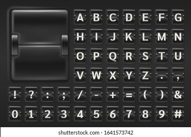 Scoreboard mechanical flip font. Realistic equipment board template for airport and railway station. Alphabet and numbers display board isolated on dark background vector.