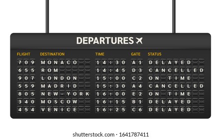 Scoreboard mechanical flip font. Realistic equipment board template for departures and arrivals flight. Flipping departure status. Alphabet, numbers display board isolated on dark background vector.