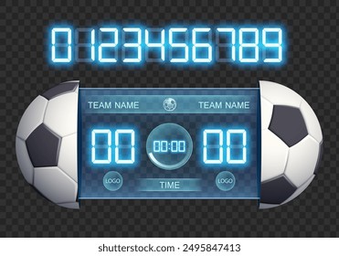 Scoreboard mockup for football soccer game. Template with a set of numbers. Isolated on transparent background. Vector stock illustration.