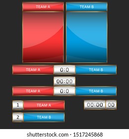 Scoreboard mockup set for sports team game or broadcast football computer game, collection info match boards and statistic timer for tournament