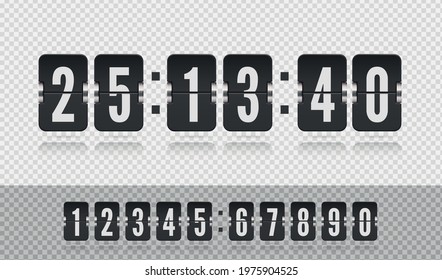 Scoreboard number floating font with reflections on transparent background. Analog airport board countdown timer with hour and minute flip number. Vintage flip clock time counter vector template.